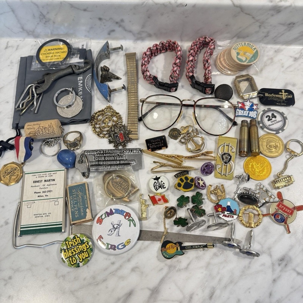 60 + pc Grandpa's Junk Drawer Lot Collectible Keychains Coins Pins Cufflinks